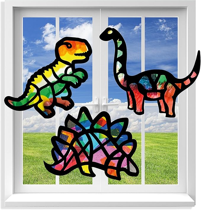 VHALE Suncatchers Craft 3 Sets (9 Cutouts) w Tissue Papers Stained Glass Effect Paper Sun Catcher Kit, Window Art, Classroom Crafts, Creative Art Projects, Kids Party Favors (Dinosaur)