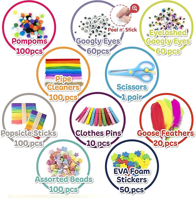 Olly Kids Arts and Crafts Supplies Set- 1000+ Pieces Giftable Craft Box for Kids: DIY Craft Supplies for Toddlers, School Project, and Homeschool