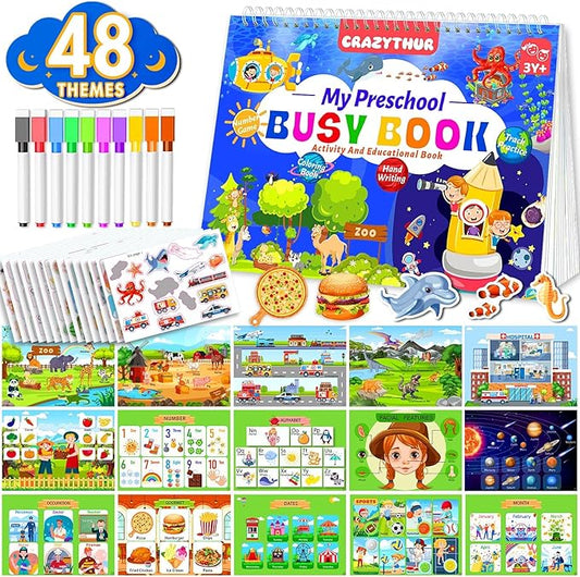CRAZYTHUR Busy Book with 48 Themes Learning and Coloring for Kids, Busy Book for Toddlers, Toddler Preschool Busy Books for Homeschool Preschool, Gifts for Girls and Boys Ages 3, 4, 5, 6