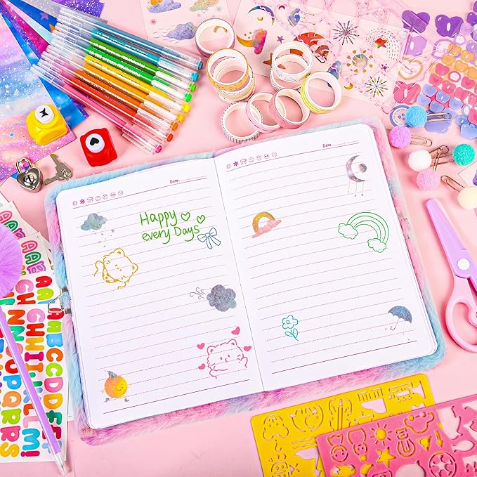 LiYiQ Plush Mermaid Diary Gift for Girls Kids Travel Journal Secret Diary with Scrapbook Paper Stickers Journal Stencils Pompom Pen and Washi Tape Practical Set Gift for Birthday Christma