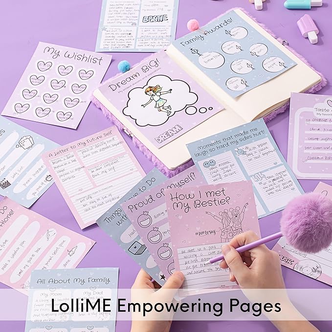 Happy LolliME Purple DIY Journal Kit for Girls – 300+ Pieces! Lockable Fuzzy Diary, Markers, Stickers & Empowering Pages – Gift Box for Tweens & Teens – Creative Journaling Set