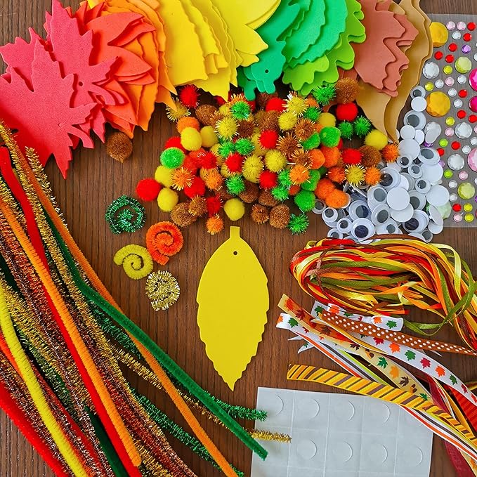 Winlyn 48 Sets Fall Craft Kits Fall Leaves Ornaments Decorations Art Sets Pom-Poms Googly Eyes Autumn Leaf Foam Stickers Arts and Crafts for Kids Thanksgiving Halloween Classroom Party Activities