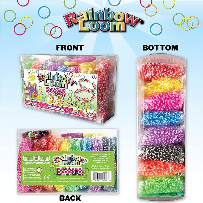 Rainbow Loom® Treasure Box DOTS Edition, 8,000 Rubber Bands in 8 Different Polka Dots Colors, and a Bonus of 2 Happy Looms, Great Activities for Boys and Girls 7+