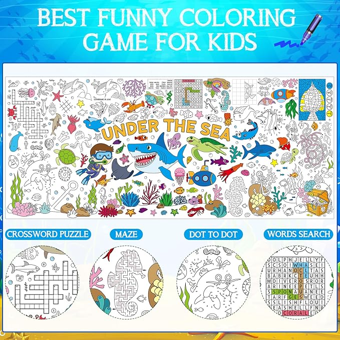 Under The Sea Large Coloring Poster for Kids 30 x 72 Inch, Ocean Animals Giant Coloring Paper Tablecloth, Sea Themed Color-in Activities Games for Kids School Classroom Home Party Supplies Decorations