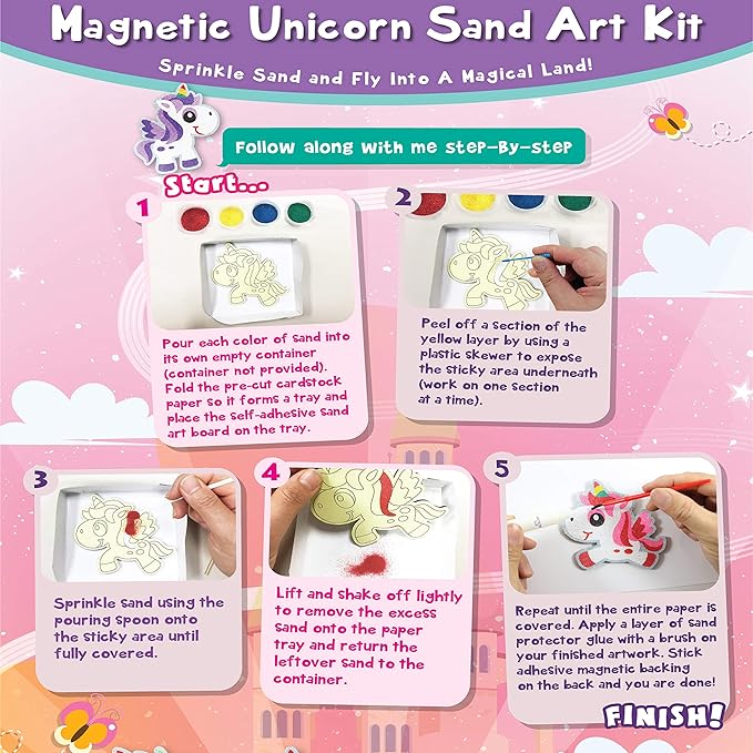 VHALE Peel and Stick Magnetic Sand Art Board, 5 MDF Sand Art Sets with Non Scratch Magnets, Peel, Sprinkle and Stick Designs, 12 Sand Colors, Fridge Decor, Kids Party Favors (Unicorn)