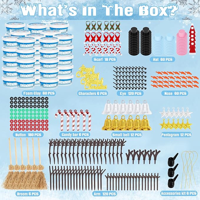 60 Pack Snowman Kit, Christmas Crafts DIY Snowman Kit Bulk, Build a Snowman Set Indoor Decor, Christmas Creative Air Dry Modeling Clay, Xmas Activities Family School Party Snowman Making Supplies