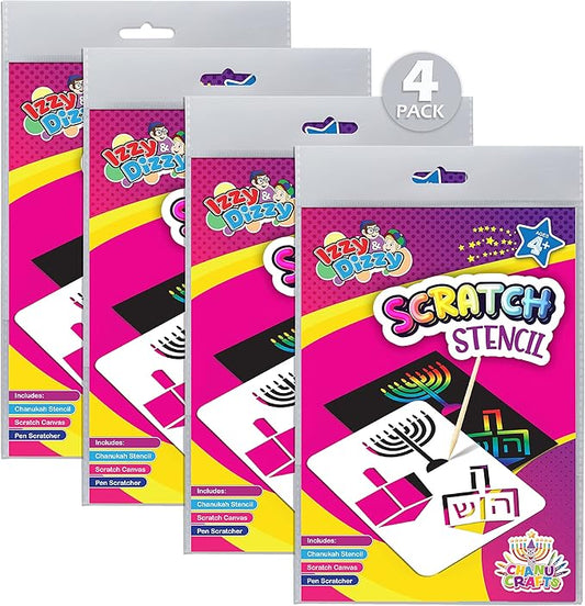 Hanukkah Scratch Stencil Art Kit - 4 Pack - 8" x 6" - Includes Sctatch Stick - Chanukah Arts and Crafts - Gifts and Games - Izzy 'n' Dizzy