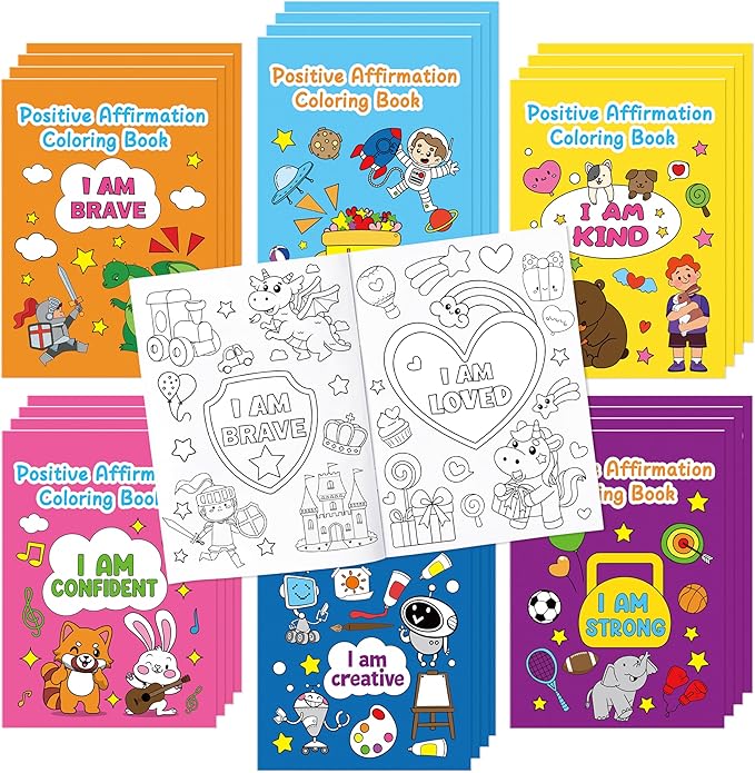 Dvbonike 24Pcs Positive Affirmation Coloring Books - Promote Confidence DIY Color-in Pages Booklet Bulk Drawing Motivational Stress Relieving Party Supplies for School Classroom Rewards Gift for Kids