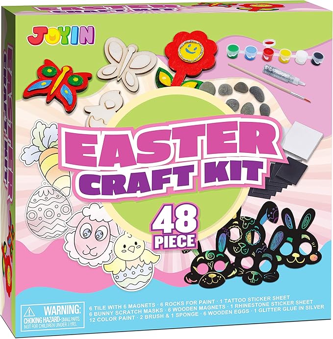 JOYIN 48 PCS Easter Craft Kit Easter Assorted DIY Painting Kit Includes Rocks, Scratch Art Masks, Wooden Eggs and Magnets for Kids Creativity Easter Basket Stuffers, Easter Party Favor, Easter Events