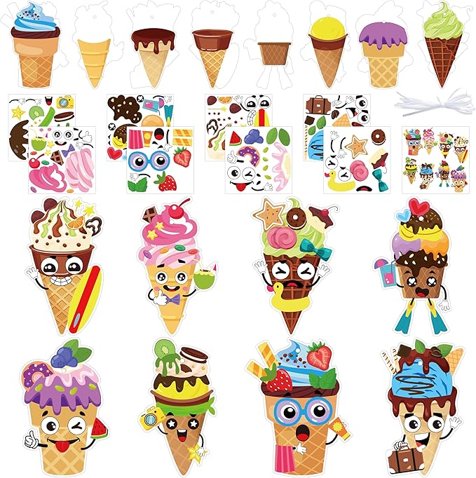 BeYumi Ice Cream Craft Kit - 123Pcs Summer Make Your Own Ice Cream Stickers Craft for Kids Summer DIY Waffle Cone Art Sticker Set School Classroom Home Game Fun Activities Art Supplies Decor