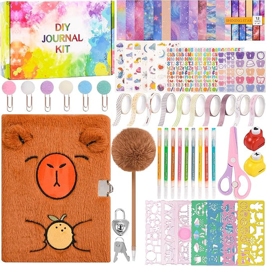 LiYiQ Plush Capybara Diary Gift for Girls Kids Travel Journal Secret Diary with Scrapbook Paper Stickers Journal Stencils Pompom Pen and Washi Tape Practical Set Gift for Birthday Christma