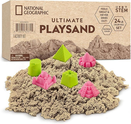 National Geographic Moon Sand - 24 Lb. Bulk Play Sand Kit with 6 Castle Molds (Natural) - A Fun No Mess Sensory Activity, Kids Fake Sand Play Set, Sensory Bin Filler