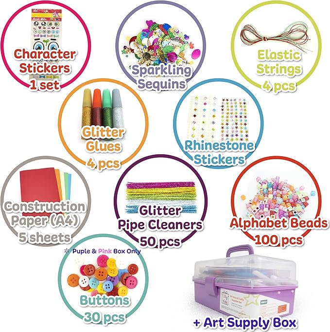 Olly Kids Arts and Crafts Supplies Set- 1000+ Pieces Giftable Craft Box for Kids: DIY Craft Supplies for Toddlers, School Project, and Homeschool