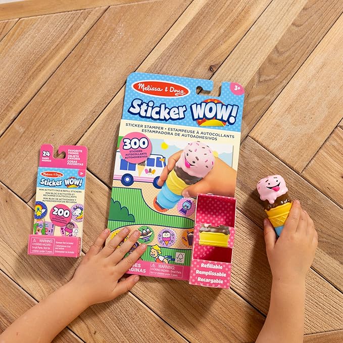 Melissa & Doug Sticker Wow!™ Ice Cream Bundle: 24-Page Activity Pad, Sticker Stamper, Mini Activity Pad, 500 Stickers, Arts and Crafts Fidget Toy Collectible Character