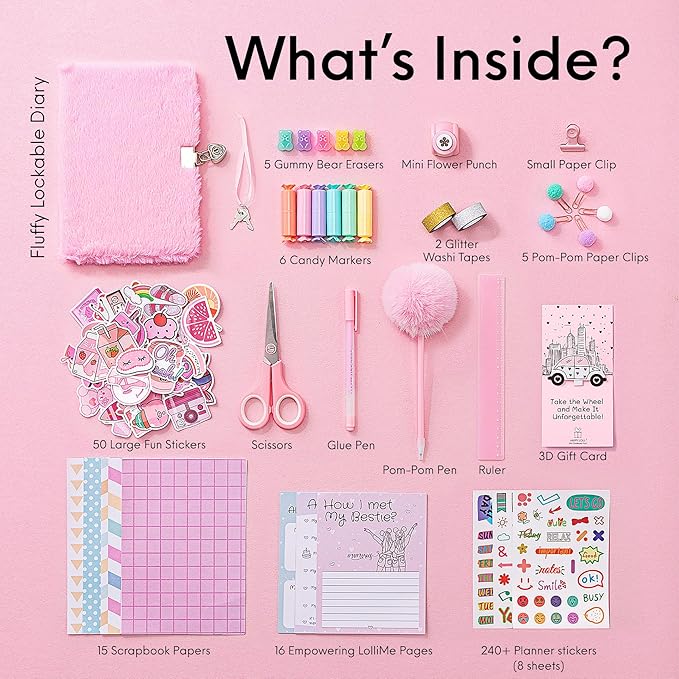 Happy LolliME Pink DIY Journal Kit for Girls – 300+ Pieces! Lockable Fuzzy Diary, Markers, Stickers & Empowering Pages – Gift Box for Tweens & Teens – Creative Journaling Set