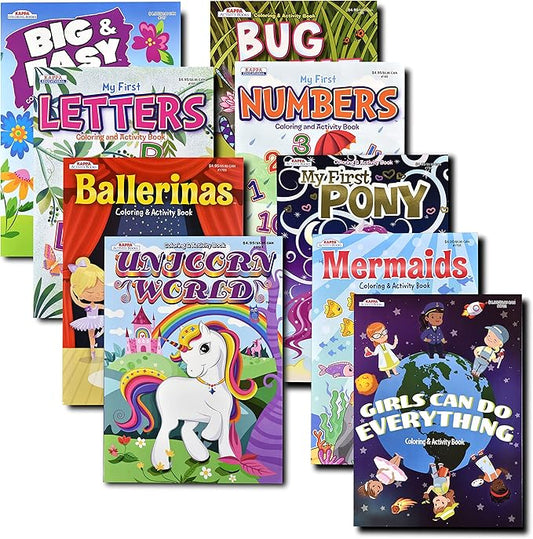 Variety Savings Kappa Coloring and Activity Books for Girls, Numbers and Letters, ABCs, Girl Power, Mermaid, Unicorn, 8.5”x11” Extra Large Size for Hours of Fun, Ages 2-4, 4-8, 8-12 (Pack of 9)