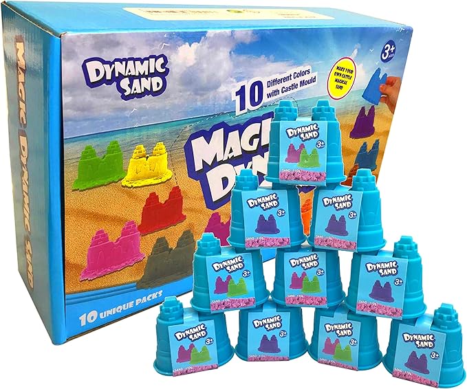 Dynamic Play Sand Art [10 Pack] Arts and Crafts for Kids | Multi Color Combo Kit Play Sand with Castle Molds Containers | Stress Relief Toys for Kids and Adults | Party Favors
