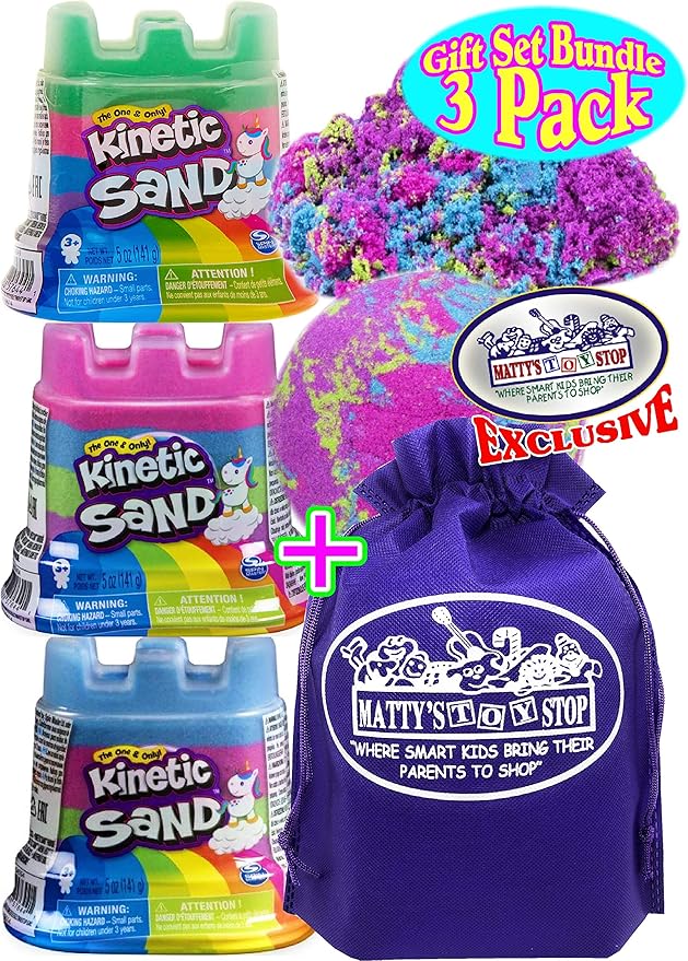 Kinetic Sand Rainbow Modeling Sand 5oz. Unicorn Castle Containers Gift Set Party Bundle with Bonus Matty's Toy Stop Storage Bag - 3 Pack
