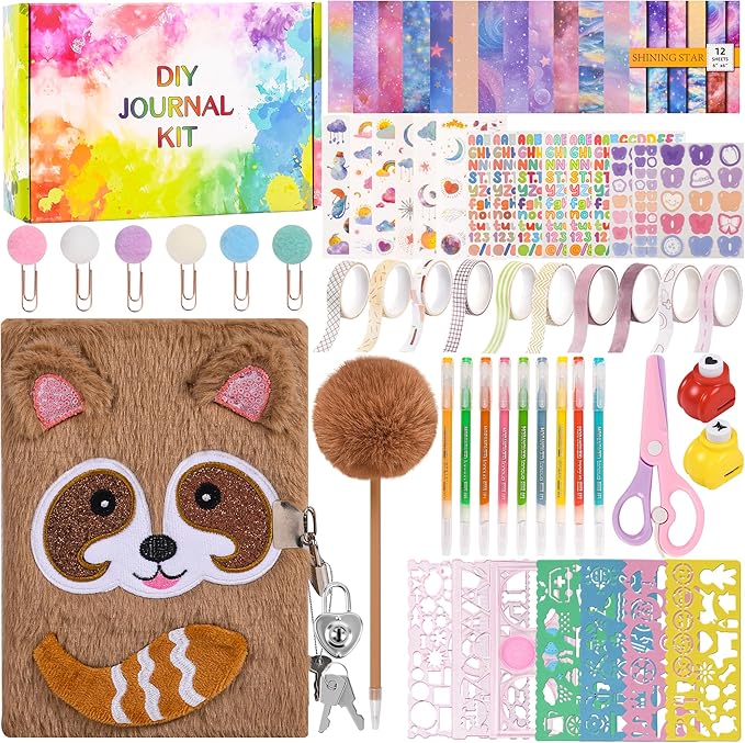 LiYiQ Plush Raccoon Diary Gift for Girls Kids Travel Journal Secret Diary with Scrapbook Paper Stickers Journal Stencils Pompom Pen and Washi Tape Practical Set Gift for Birthday Christma