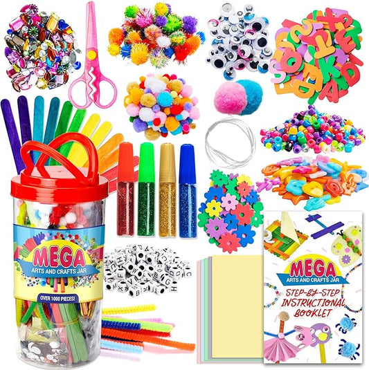 Dragon Too Mega Kids Crafts and Art Supplies Jar Kit - 1000+ Piece Set - Instructional Booklet Included - Revised Glitter Glue, Construction Paper, Popsicle Sticks, Googly Eyes, Pipe Cleaners