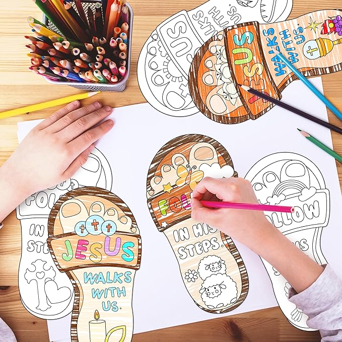 Dvbonike 24Pcs Sunday School Crafts for Kids Color Your Own Jesus Walks with Us Craft Kit Christian Religious Footprint Coloring Card DIY Drawing Party Gifts VBS Home Classroom Art Activity Supplies