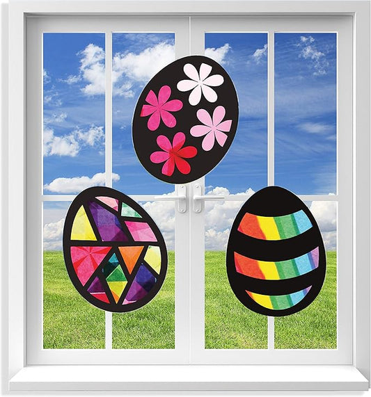VHALE Suncatchers Craft 3 Sets (9 Cutouts) w Tissue Papers Stained Glass Effect Paper Sun Catcher Kit, Window Art, Classroom Crafts, Creative Art Projects, Kids Party Favors (Easter Egg)