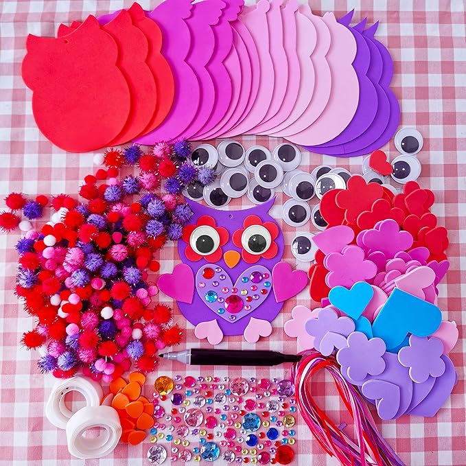 Winlyn 24 Sets Valentine Decorations DIY Heart Owl Ornaments Valentine Craft Kit Valentine Owl Art Sets Hearts Foam Valentine Stickers for Kids Valentine's Day Party Classroom Activities Gift Exchange