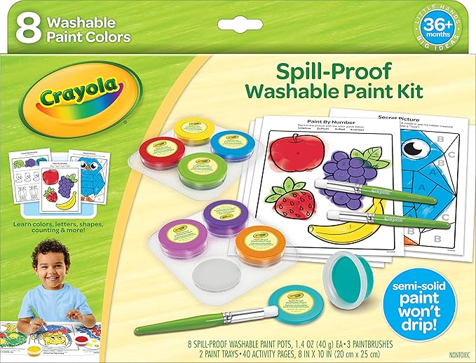 Crayola Spill Proof Paint Set (8ct), Washable Toddler Paint Kit, Includes Brushes, Pots, Activity Pages, Toddler Gift, Ages 3+