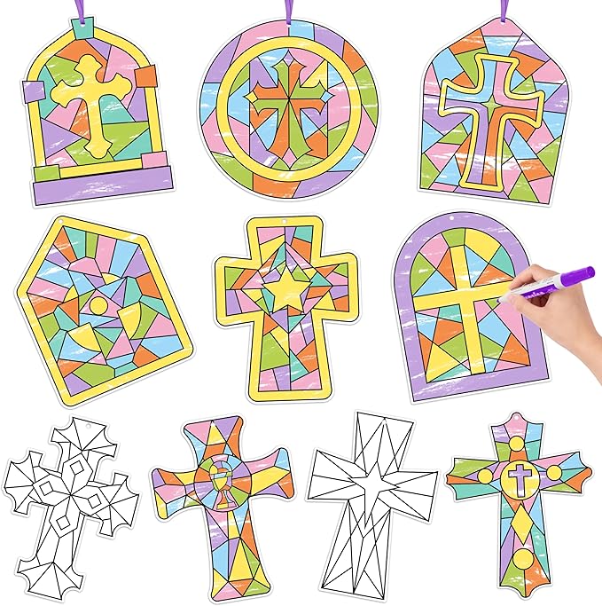 BeYumi Coloring Cross Craft Kit - 83Pcs Easter Color Your Own Cross Kit for Kids Sunday School Christian Religious DIY Craft Coloring Geometric Ornament Card Classroom Church Party Art Activities