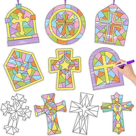 BeYumi Coloring Cross Craft Kit - 83Pcs Easter Color Your Own Cross Kit for Kids Sunday School Christian Religious DIY Craft Coloring Geometric Ornament Card Classroom Church Party Art Activities