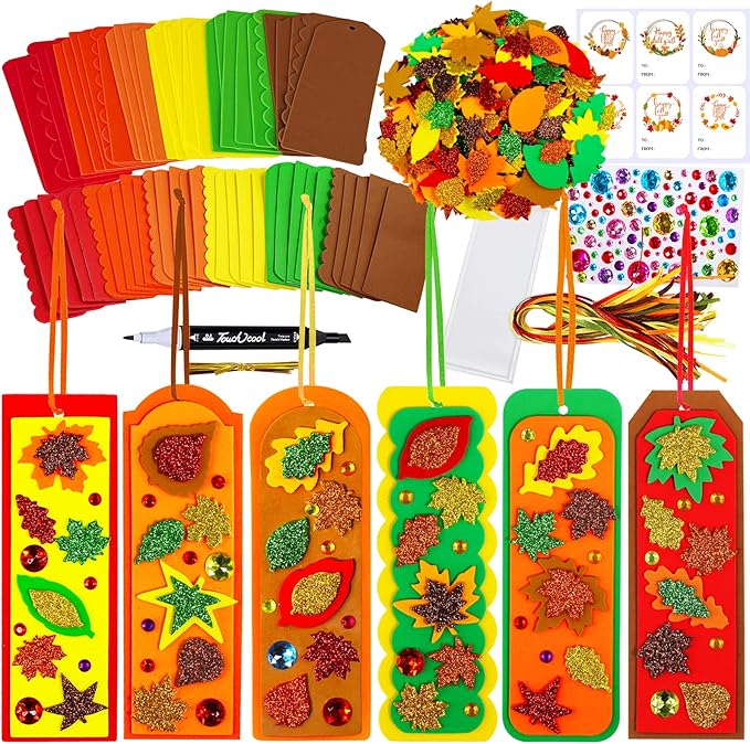 Winlyn 36 Sets Fall Craft Kits Fall Crafts DIY Fall Leaf Bookmarks Decorations Art Sets Autumn Maple Leaf Glitter Leaf Foam Stickers Arts and Crafts for Kids Thanksgiving Halloween Classroom Activity