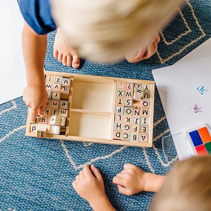 Melissa & Doug Wooden Alphabet Stamp Set - 56 Stamps With Lower-Case and Capital Letters Preschool Writing Toys, ABC Stamps, Kids Arts & Crafts, Letter For Kids Ages 4+