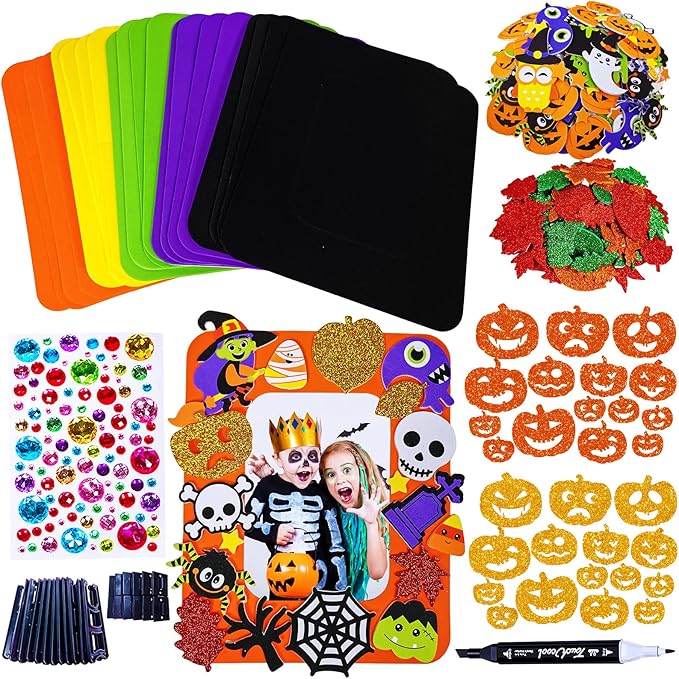 Winlyn 12 Sets Halloween Craft Kits Fall Kids Crafts DIY Halloween Picture Frame Decorations Art Sets Pumpkin Ghost Monster Foam Stickers Arts and Crafts for Kids Halloween Classroom Party Activities