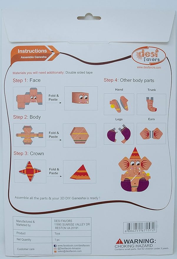 Desi Favors DIY Ganesha Paper Craft Kit - Diwali Gifts for Lord Ganesha Origami for Indian Kids | Vinayaka Chavithi Kid | Hindu Festival Ganesha Idol | 6.6x5.5 Inch (Pack of 1)