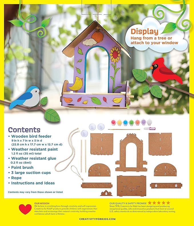 Creativity for Kids Build and Paint Bird Feeder Wood Craft Kit - DIY Bird House Kit for Children, Outdoor Activities for Kids Age 6+,Yellow,orange,blue,white,green,violet