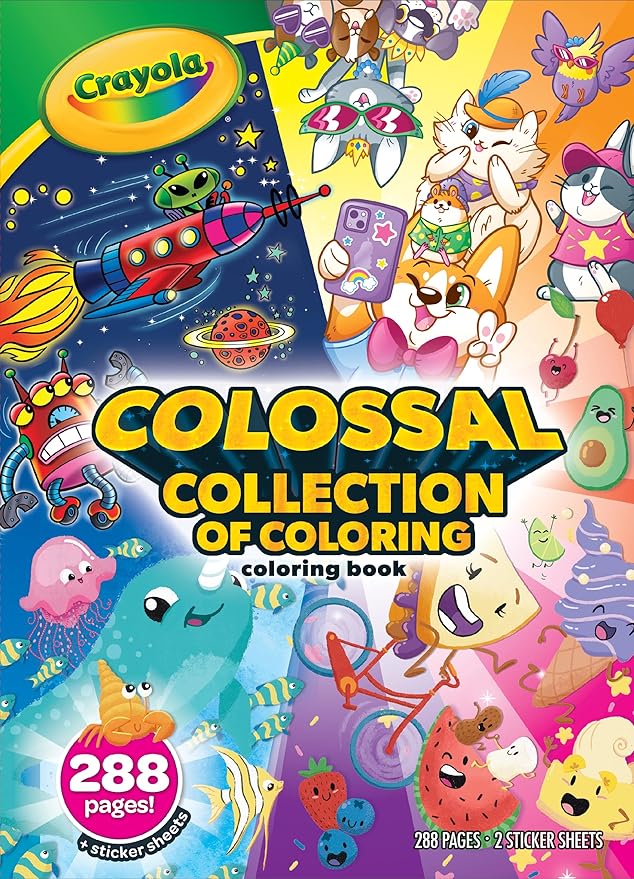 Crayola Colossal Collection of Coloring, 288 Coloring Book Pages, 2 Sticker Sheets, Coloring Book for Kids, Toddler Travel Activity, 3+