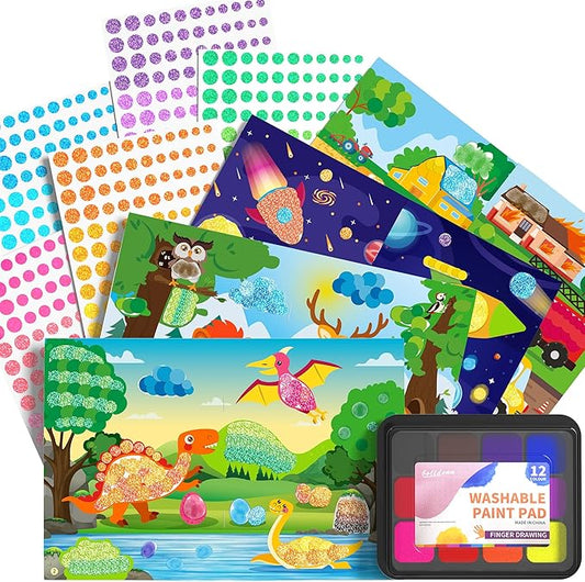 D-FantiX Dot Art Sticker Activity Book with Ink Pad, Mess-Free Finger Painting for Toddlers, Dinosaur, Animal, Outer Space, Vehicle Arts and Crafts, Kids Travel Activities, Boys Easter Basket Stuffers