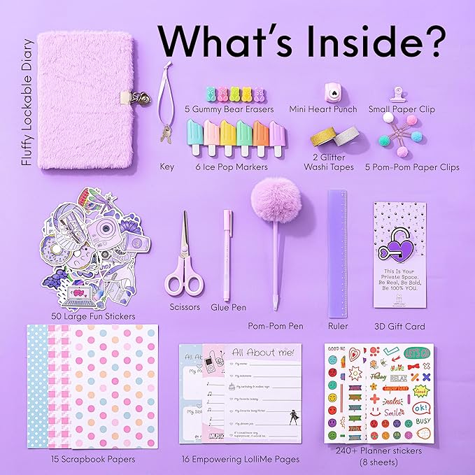Happy LolliME Purple DIY Journal Kit for Girls – 300+ Pieces! Lockable Fuzzy Diary, Markers, Stickers & Empowering Pages – Gift Box for Tweens & Teens – Creative Journaling Set