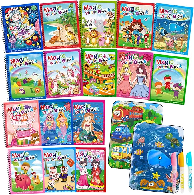 Water Coloring Painting Books for Kids,Reusable Water Doodle Book Toys for Toddlers Car Travel,16pcs Portable Drawing Kits with16pcs Pens,Dinosaur,Unicorn,Train,Space