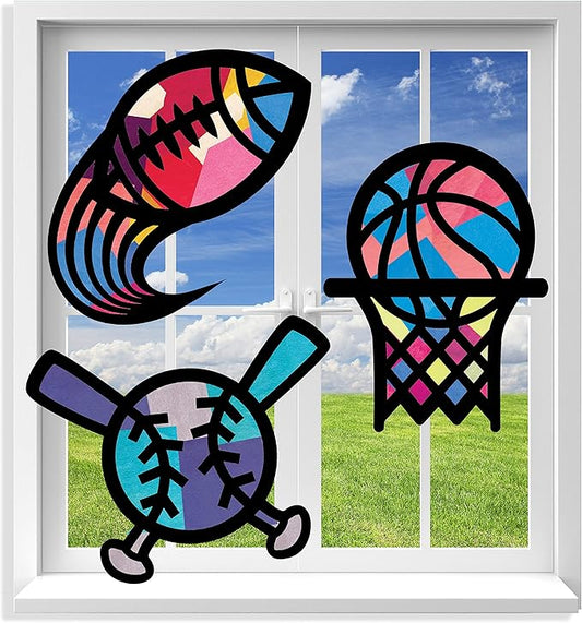 VHALE Suncatchers Craft 3 Sets (9 Cutouts) w Tissue Papers Stained Glass Effect Paper Sun Catcher Kit, Window Art, Classroom Crafts, Creative Art Projects, Kids Party Favors (Sport)