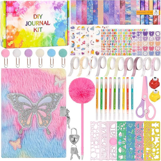 LiYiQ Plush Butterfly Diary Gift for Girls Kids Travel Journal Secret Diary with Scrapbook Paper Stickers Journal Stencils Pompom Pen and Washi Tape Practical Set Gift for Birthday Christma