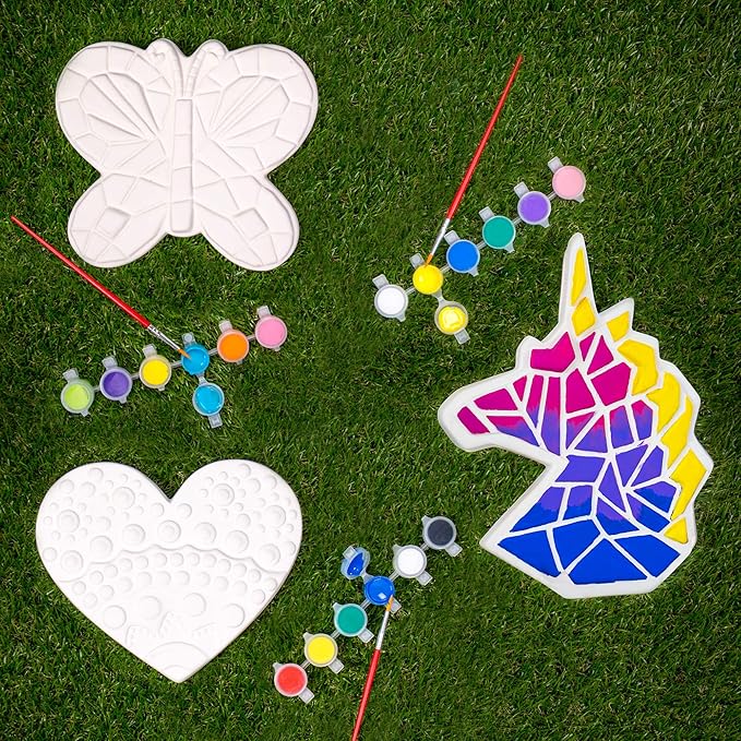 Creative Roots Mosaic Butterfly, Unicorn, & Heart Stepping Stone, Includes 3-Pack 7-Inch Ceramic DIY Stepping Stone & 6 Vibrant Paints, Paint Your Own Stepping Stone for Kids Ages 8+