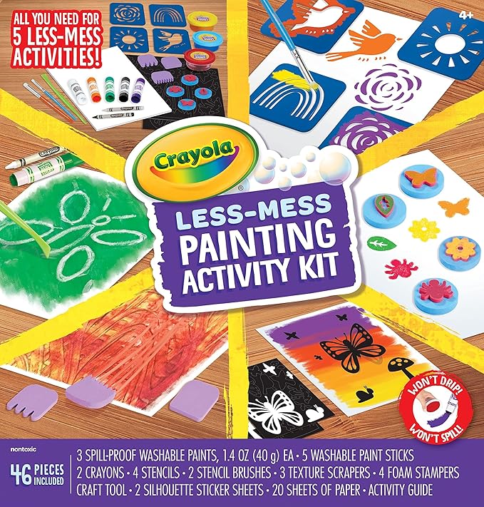 Crayola Less Mess Painting Activity Kit (46pcs), Kids Art Set, Washable Kids Paints, Gifts for Kids, Ages 4+