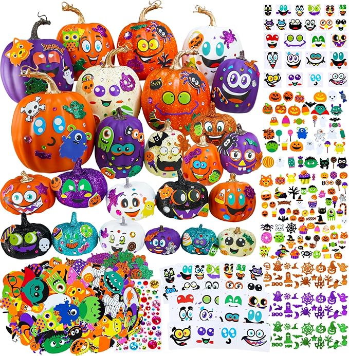 Winlyn 48 Sets Halloween Crafts Halloween Pumpkin Decorating Stickers Craft Kits Funny Face Jack-O'-Lantern Glitter Halloween Arts and Crafts for Kids Classroom Activities Art Projects Party Favors