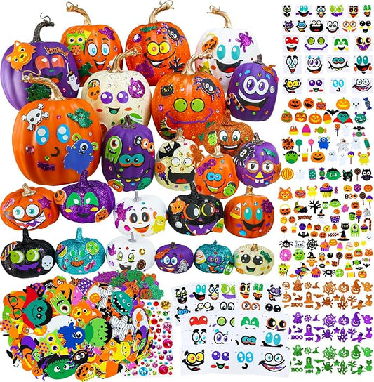 Winlyn 48 Sets Halloween Crafts Halloween Pumpkin Decorating Stickers Craft Kits Funny Face Jack-O'-Lantern Glitter Halloween Arts and Crafts for Kids Classroom Activities Art Projects Party Favors