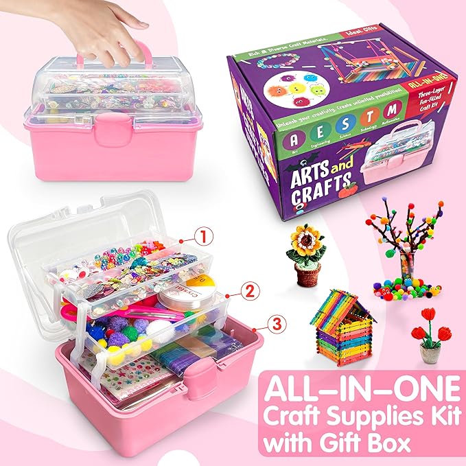 LINAYE 2500+PCS Arts and Crafts Supplies for Kids, DIY Craft Supplies Kit Box for Ages 6-8, Arts and Crafts Kit for Kids, Crafting Supply Set for Girls Boys Birthday Christmas Gifts, Pink