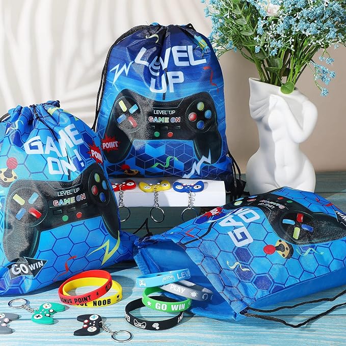 Nosiny 72PCS Video Game Party Favors Birthday Include 24 Video Game Goodie Drawstring Bags 24 Silicone Bracelet 24 Controller Keychain for Kids for Party Supplies(Fresh, Blue)
