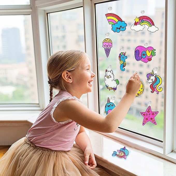 TOYLI Window Glitter Painting Kids Arts and Crafts Creative Set, 26 Suncatchers Kit,Gifts for Boys,Girls Ages 5,6,7,8,9,10 DIY, Great Home Birthday Party Idea, Your Own Fun Painting Activity NON Toxic