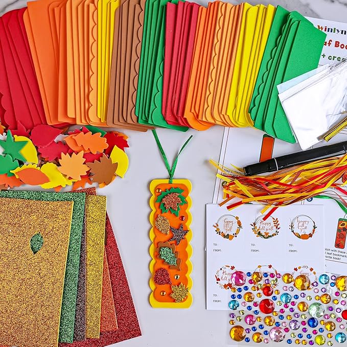 Winlyn 36 Sets Fall Craft Kits Fall Crafts DIY Fall Leaf Bookmarks Decorations Art Sets Autumn Maple Leaf Glitter Leaf Foam Stickers Arts and Crafts for Kids Thanksgiving Halloween Classroom Activity