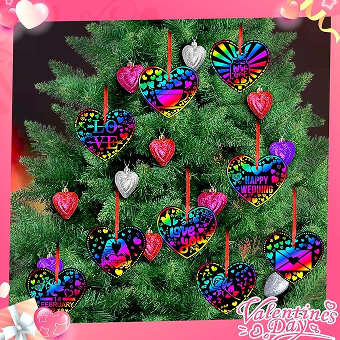 JULMELON Valentines Crafts for Kids, 48 PCS Heart Rainbow Scratch Art Valentines Day Cards for Kids Classroom Scratch Paper Art for Valentines Day Gifts Party Favors with 8 Pcs Valentines Day Stencils